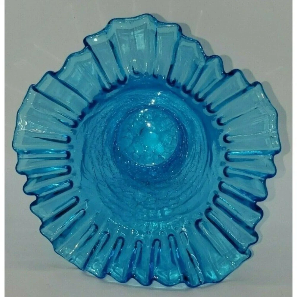 Vintage 1940's Beacon Glass Azure Blue Hand Blown Ruffle Crackle Vase  MCM  1of2